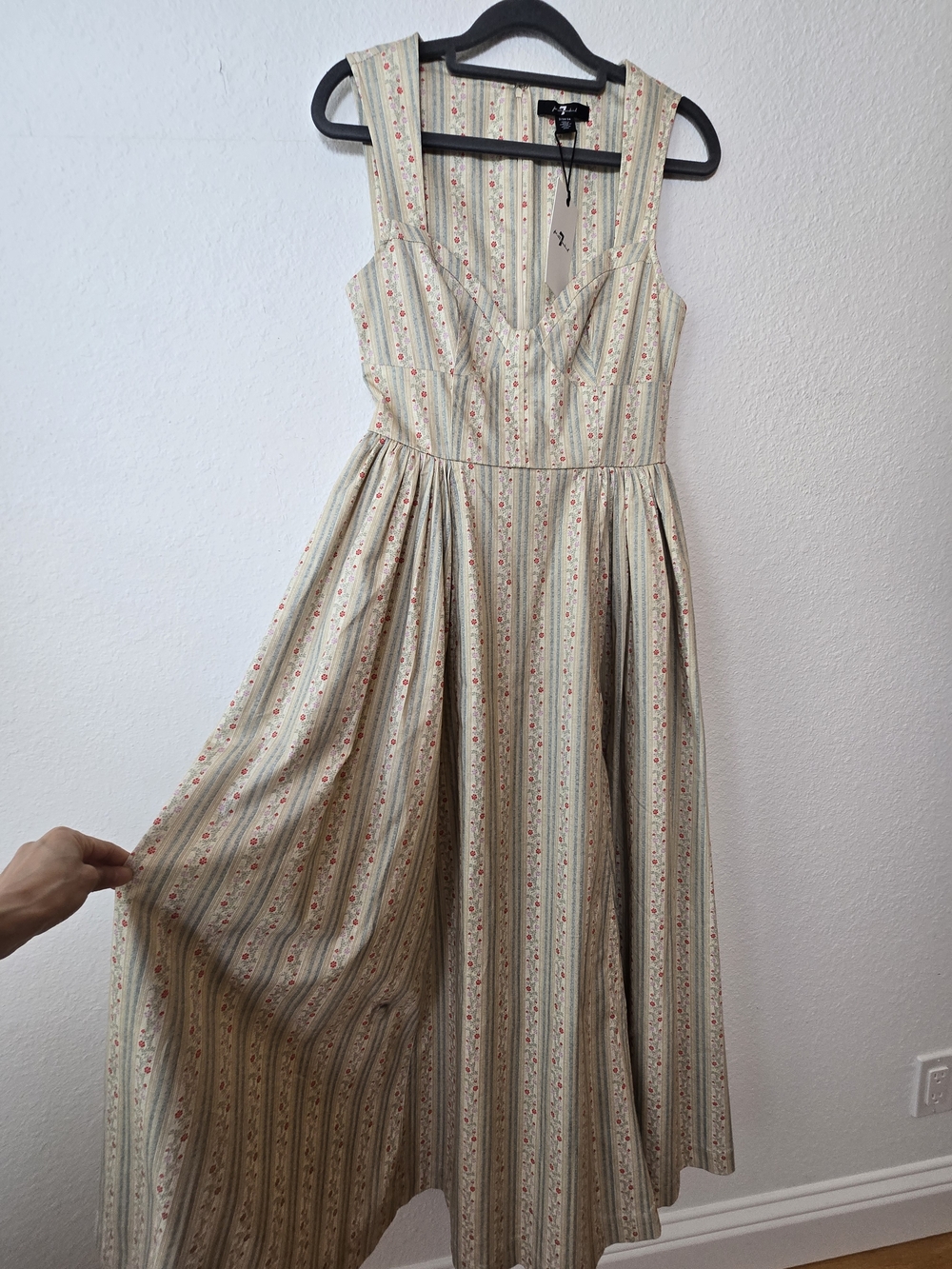 7 For All Mankind Cream Midi Dress with Pink Floral Stripe Accents - Picture 4 of 8